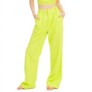 NEW Allison NY 0 Audrey Yellow Linen Blend Wide Leg Pleated High Waist Pants